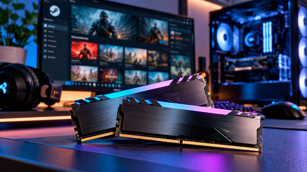 Dos módulos de memoria RAM junto a un PC gaming con Steam como referencia