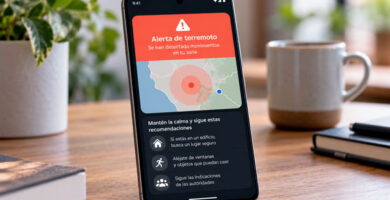 Teléfono Android mostrando una alerta de terremoto con información de la zona detectada