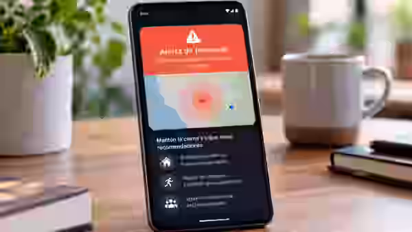 Teléfono Android mostrando una alerta de terremoto con información de la zona detectada