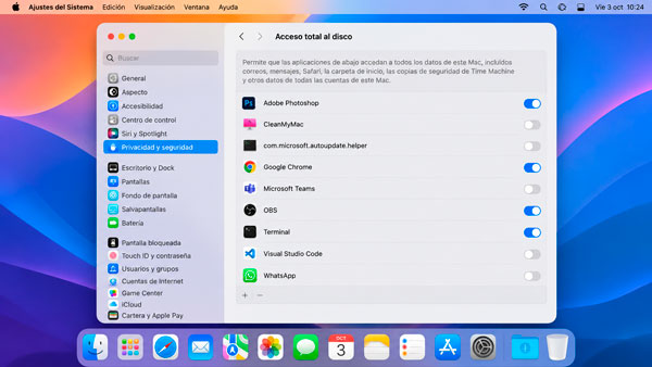 Ajustes de Acceso total al disco en macOS ante los riesgos de los agentes de inteligencia artificial