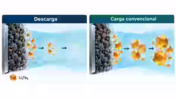 Esquema de los cristales de Li2Te6 que crecen durante la carga de una batería de litio-telurio