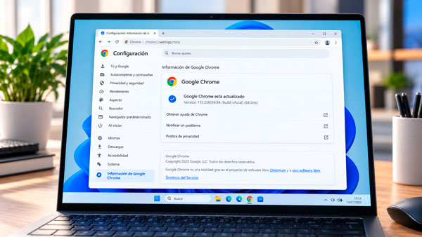 Página de Información de Google Chrome utilizada para comprobar la versión y aplicar actualizaciones