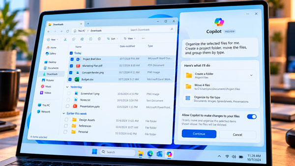Copilot en Windows 11 organizando archivos y realizando acciones con permiso del usuario