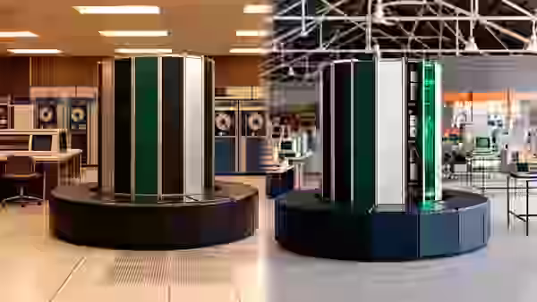 Comparación visual entre el Cray-1 histórico y la réplica española construida con Mac mini
