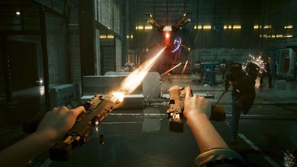 Captura oficial de Cyberpunk 2077 mostrando a V utilizando dos pistolas o revólveres simultáneamente