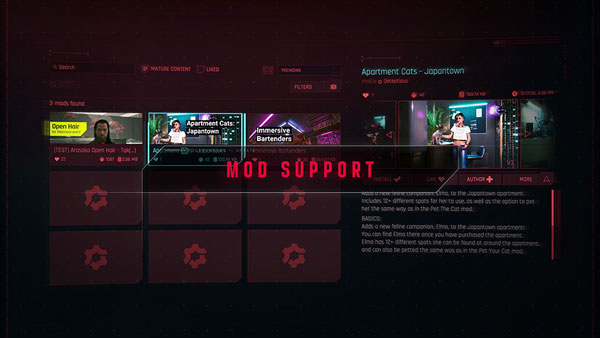 Captura oficial del panel de mods de Cyberpunk 2077 integrado mediante mod.io