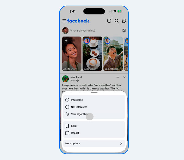 Interfaz oficial de Facebook mostrando recomendaciones de Feed y Reels personalizadas mediante Your Algorithm
