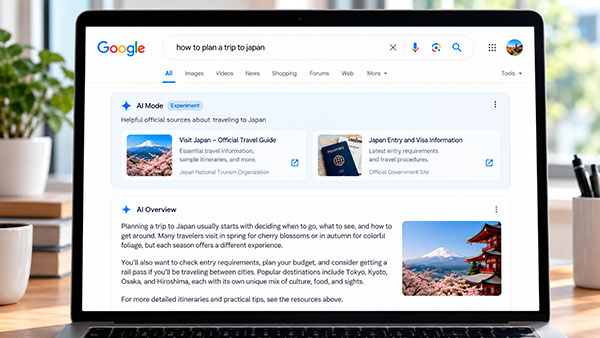 Google AI Mode mostrando una sección destacada con enlaces a sitios oficiales