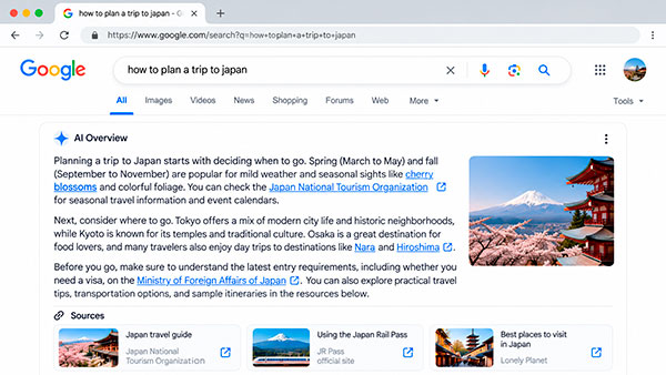 Respuesta de Google con IA mostrando enlaces integrados a fuentes dentro del texto