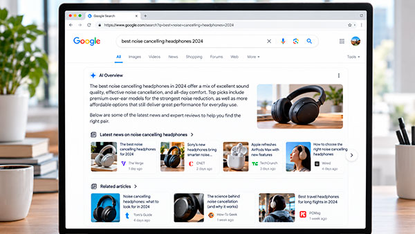 Google Search con IA mostrando carruseles de noticias y artículos relacionados con miniaturas