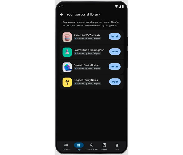 Imagen oficial de Google mostrando una aplicación Android personal creada con Google AI Studio y ejecutada mediante Google Play