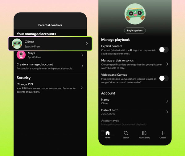 Controles parentales de Spotify para cuentas administradas de menores