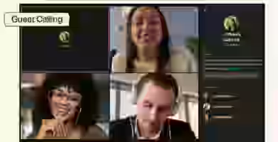 Interfaz oficial de WhatsApp Guest Calling mostrando una llamada con participantes e invitado desde navegador