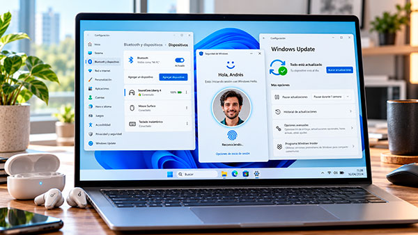 Windows 11 mostrando funciones de Bluetooth, Windows Hello y Windows Update