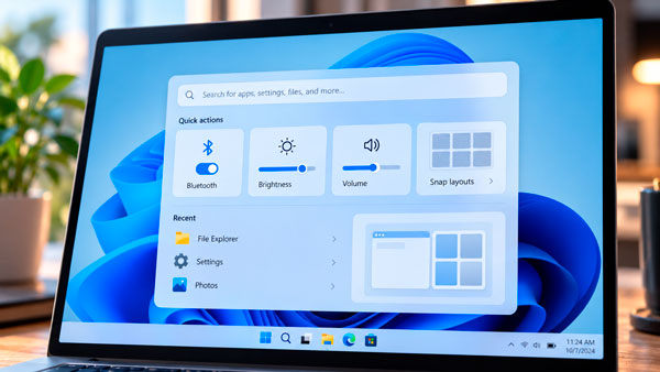 Buscador de Windows 11 con acciones directas para Bluetooth, brillo y volumen
