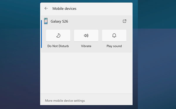 Panel Mobile devices de Windows 11 con controles para un teléfono Android conectado