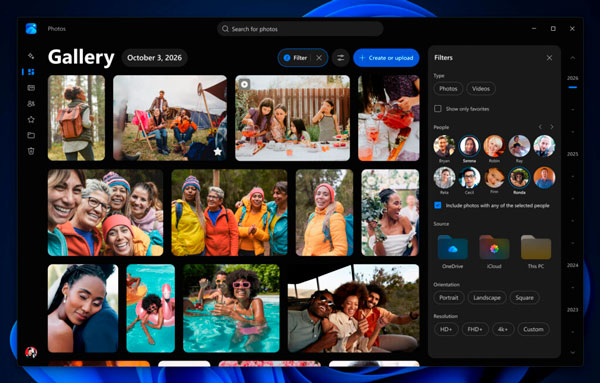 Captura oficial de la nueva galería de Fotos de Windows 11 con imágenes de PC, OneDrive e iCloud