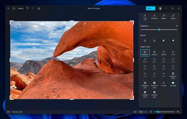 Captura oficial del nuevo editor de Fotos de Windows 11 con herramientas de recorte, mejora, reparación y estilo