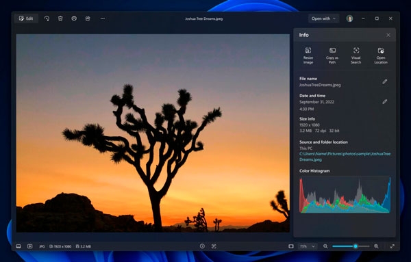 Captura oficial del nuevo visor de Fotos de Windows 11 con diseño más limpio e información de la imagen