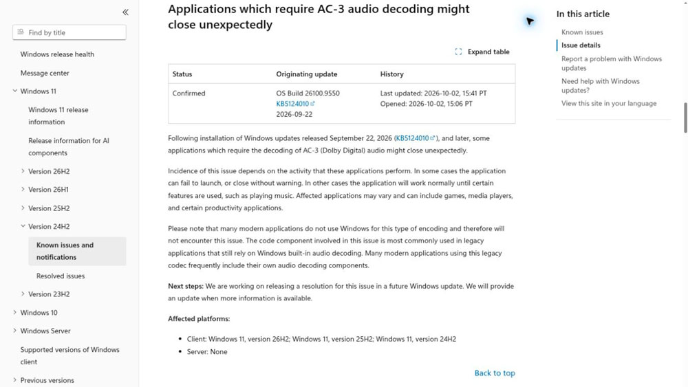 Microsoft confirma en Windows 11 un problema con aplicaciones que necesitan decodificación AC-3