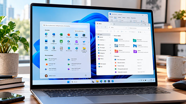 PC con Windows 11 mostrando Inicio y Explorador de archivos durante las nuevas mejoras de rendimiento